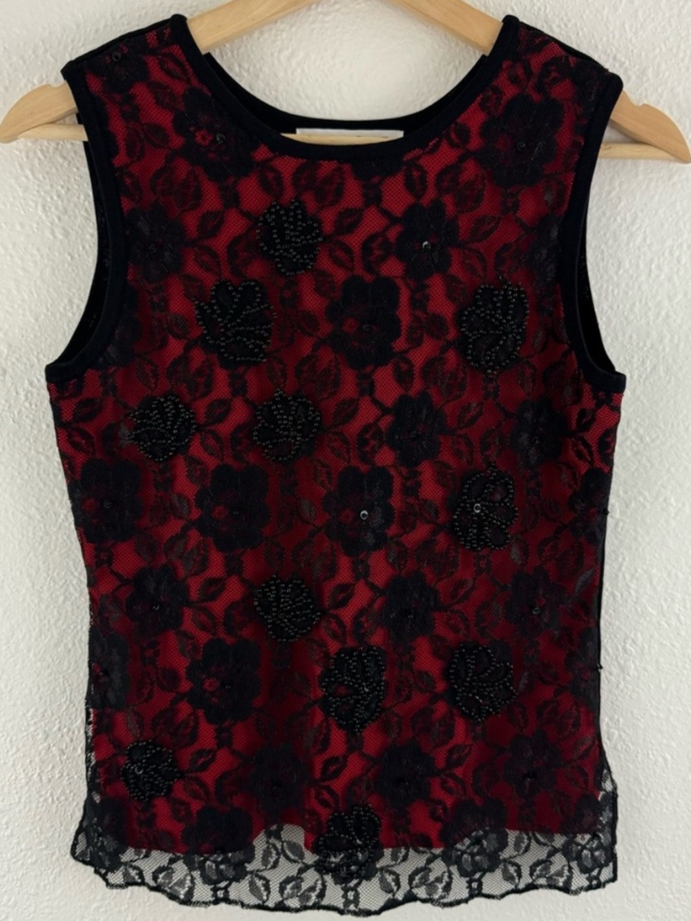Vintage 90s Black Red Beaded Floral Lace Overlay Grunge Stretch Sweater Tank Top